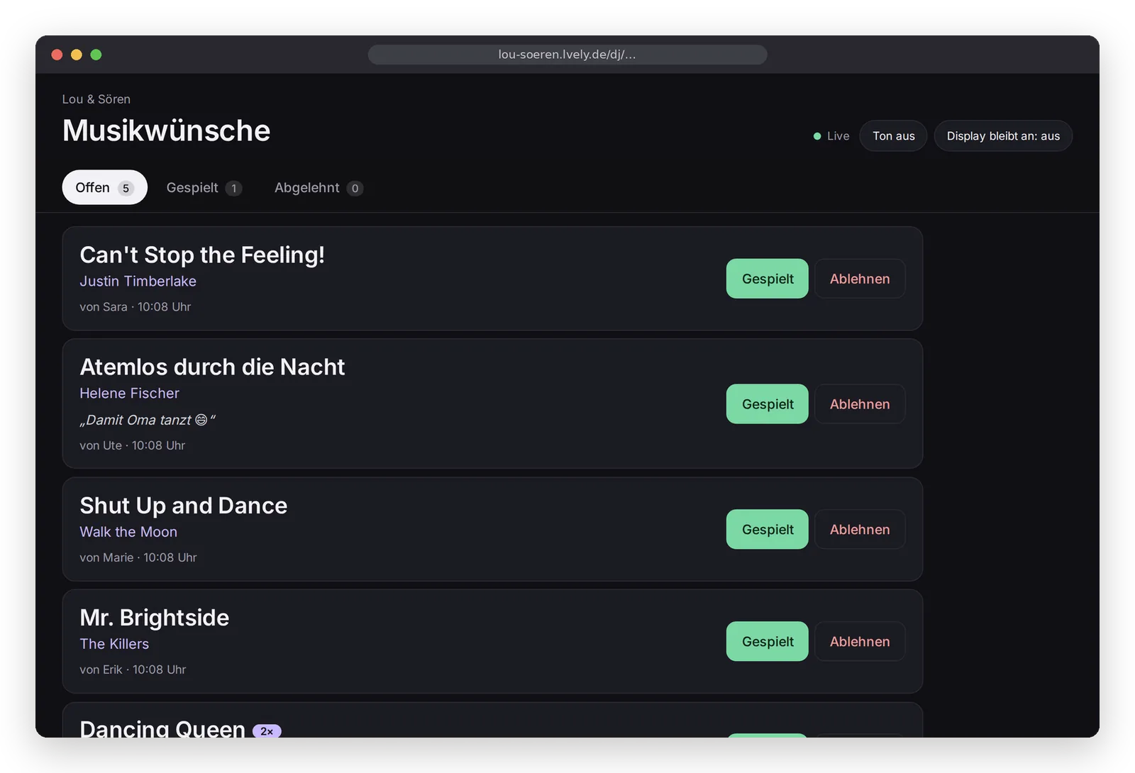 DJ-Ansicht mit eingehenden Musikwünschen