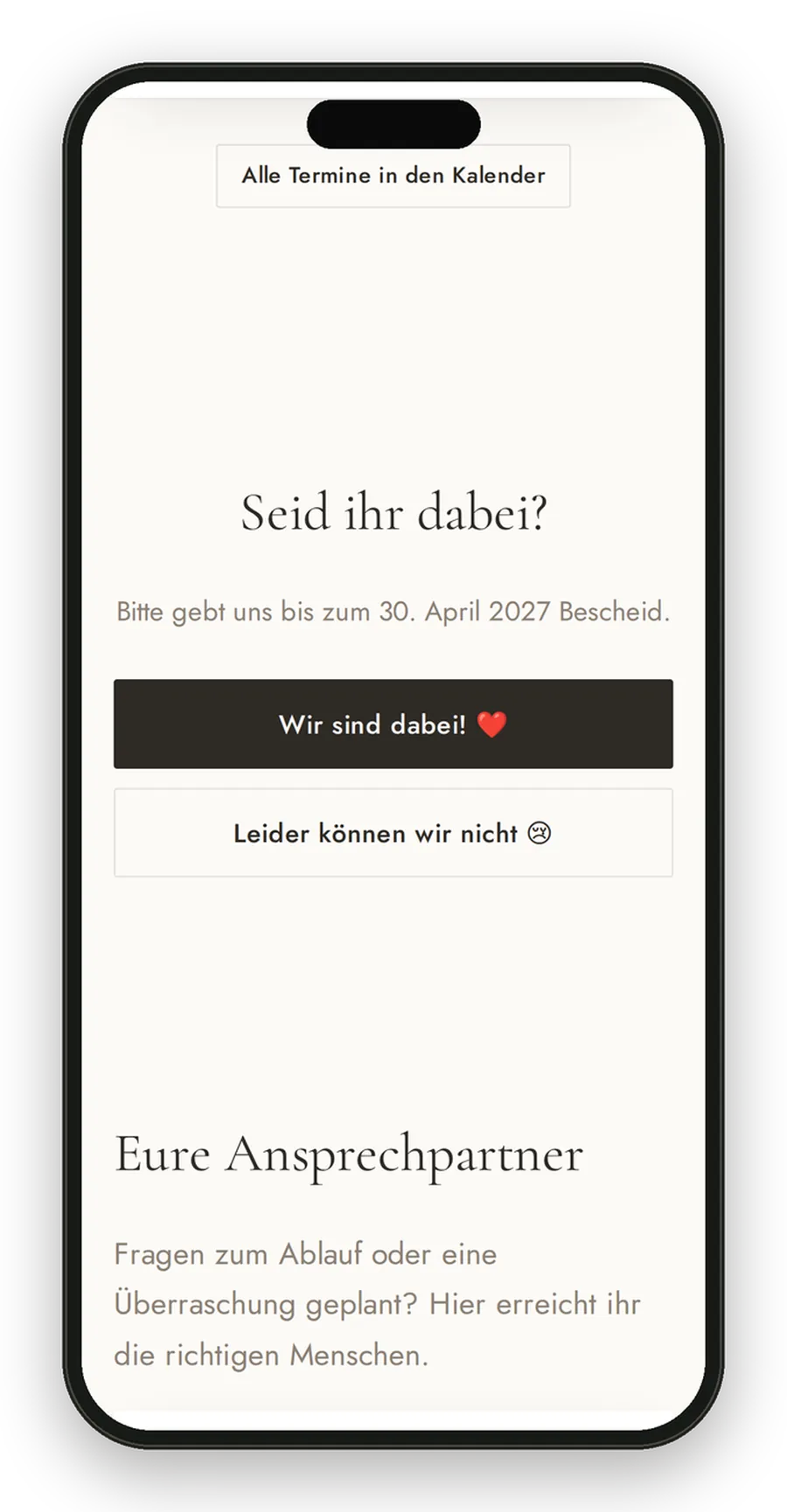 Einladung mit den Buttons „Wir sind dabei“ und „Leider nicht“